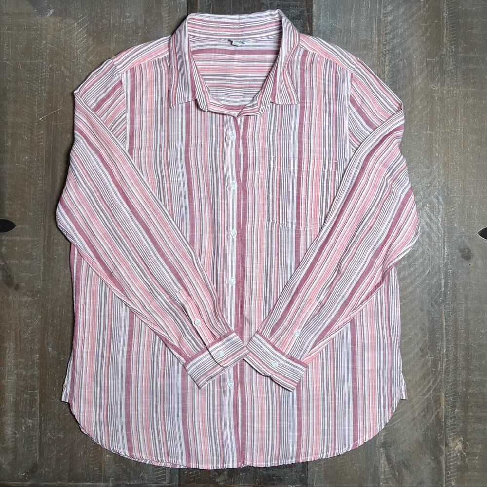 Lucky Brand Coastal Stripe Boyfriend Button Down Shirt Pink L - Rare